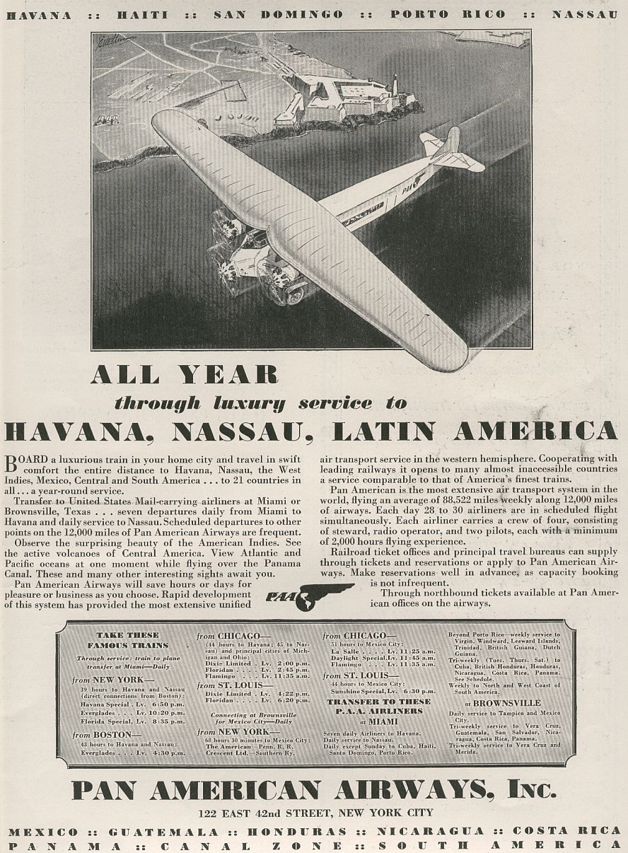 1930 February, An early Pan American ad promoting train service to connect with Pan American flights.